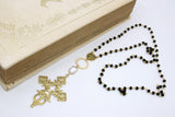 Gold Rosary Cross Necklace, Black Rosary Chain With Gold Brass Ethiopian Cross, Long Smoky Grey Rosary Necklaces