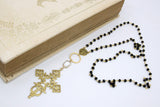 Gold Rosary Cross Necklace, Black Rosary Chain With Gold Brass Ethiopian Cross, Long Smoky Grey Rosary Necklaces