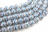 White and Sky Blue Beads, Shimmery Wave Pattern Smooth Tiger Stripe Beads BS #45, sizes 10 mm 11 inch Strands