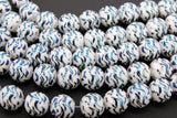 White and Sky Blue Beads, Shimmery Wave Pattern Smooth Tiger Stripe Beads BS #45, sizes 10 mm 11 inch Strands