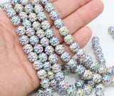 Gold and White Beads, Shimmery Smooth Purple Green Mardi Gras Tiger Stripe Rainbow Beads BS #46, sizes 10 mm 11 inch Strands