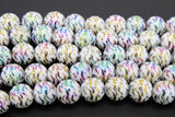 Gold and White Beads, Shimmery Smooth Purple Green Mardi Gras Tiger Stripe Rainbow Beads BS #46, sizes 10 mm 11 inch Strands