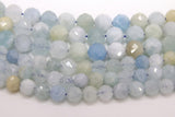 Natural Aquamarine Faceted Beads, Diamond Cut Round Light Blue and White BS# 57, sizes in 6 mm 8 mm 10 mm 7.5 inch FULL Strands