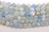 Natural Aquamarine Faceted Beads, Diamond Cut Round Light Blue and White BS #57, sizes in 6 mm 8 mm 10 mm 15.5 inch FULL Strands