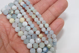 Natural Aquamarine Faceted Beads, Diamond Cut Round Light Blue and White BS #57, sizes in 6 mm 8 mm 10 mm 15.5 inch FULL Strands