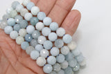 Natural Aquamarine Faceted Beads, Diamond Cut Round Light Blue and White BS# 57, sizes in 6 mm 8 mm 10 mm 7.5 inch FULL Strands