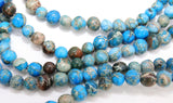 Natural Imperial Royal Blue Jasper Beads, Sea Sediment Round Marbleized Beads BS# 55, sizes 6 to 10 mm 15 inch FULL Strands