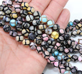 Tibetan Natural Faceted Agate Beads, DZI Fire Agate BS #69, Black Pink and Blue Colorful Beads