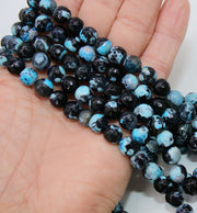 Natural Black and Baby Blue Fire Agate Beads, Faceted Black White Blue Pattern Beads BS #80, sizes in 10 mm 14 inch FULL Strands