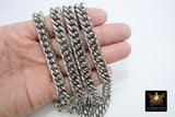 Silver Curb Chain, 304 Stainless Steel Large Heavy Flat 16.5 mm CH #249, Cuban Diamond Cut 11.6 mm Oval Unfinished Chains
