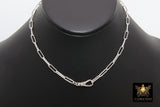 925 Sterling Silver Swivel Front Clasp Necklace, Silver Drawn Rectangle Chain, Fob Clip Clasp Choker