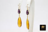 14 K Gold Amethyst Earrings, Citrine, Iolite Teardrop Gemstones February Birthstone Dangle Ear Wire Hooks