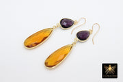 14 K Gold Amethyst Earrings, Citrine, Iolite Teardrop Gemstones February Birthstone Dangle Ear Wire Hooks