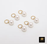 14 K Gold Filled Hoop Pearl Charms, Gold Hooplet Dangle 5 mm White Pearl Charms for Necklace #2122, Balls for CZ Huggies or Bracelets