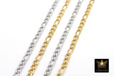 Stainless Steel Gold Figaro Faceted Chain, Silver Chains 8 x 4 and 4 x 5 mm Links CH #263, Unfinished Jewelry Chains By the Yard