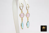 Rose Quartz and Blue Topaz Gold Earrings, 14 K Gold Filled Lever Back Hooks, Marquis Leaf Gemstone Dangle Earrings