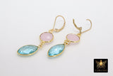 Rose Quartz and Blue Topaz Gold Earrings, 14 K Gold Filled Lever Back Hooks, Marquis Leaf Gemstone Dangle Earrings