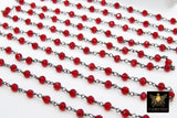 Ruby Red Silver Chain, Black Wire Wrapped 4 mm Faceted Beaded Red Chains CH #620, Gold Jewelry Rosary Roll