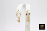 Gold Butterfly Hoop Earrings, 14 K Gold Filled Thick Hoop Dangle Charm Earrings # 2136, 5 Sizes