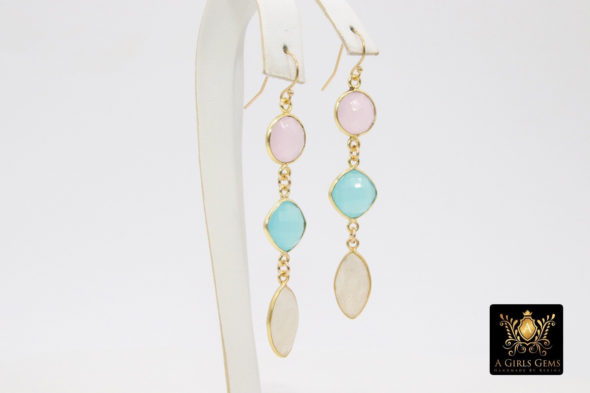 Peru Chalcedony and Rose Quartz Earrings, 14 K Gold Filled Moonstone Gemstone #692, Wedding Earrings with Ball End Ear Wire Hooks