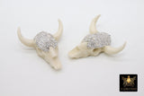 Micro Pave CZ Bone Cow Skull Pendant, Boho Cubic Zirconia Longhorn CW #24, White Ox Bone Skull