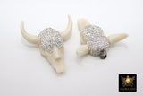 Micro Pave CZ Bone Cow Skull Pendant, Boho Cubic Zirconia Longhorn CW #24, White Ox Bone Skull