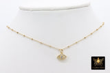 14 K Gold Filled Evil Eye Necklace, Beaded Satellite ChainChoker, Cubic Zirconia Turkish Greek Protection Jewelry