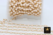 Light Cream Ivory Rosary Chain, 6 mm Gold Plated Beige Mystic Crystal CH #303, Wire Wrapped