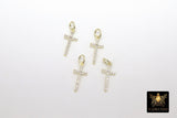 Gold CZ Cross Charms, Genuine Gold over 925 Sterling Silver Long Cross Charms # 214, Micro Pave Cubic Zirconia Cross Pendants