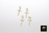Gold CZ Cross Charms, Genuine Gold over 925 Sterling Silver Long Cross Charms #214, Micro Pave Cubic Zirconia Cross Pendants