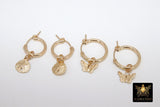 Gold Butterfly Hoop Earrings, 14 K Gold Filled Thick Hoop Dangle Charm Earrings #2136, 5 Sizes