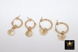Gold Butterfly Hoop Earrings, 14 K Gold Filled Thick Hoop Dangle Charm Earrings # 2136, 5 Sizes