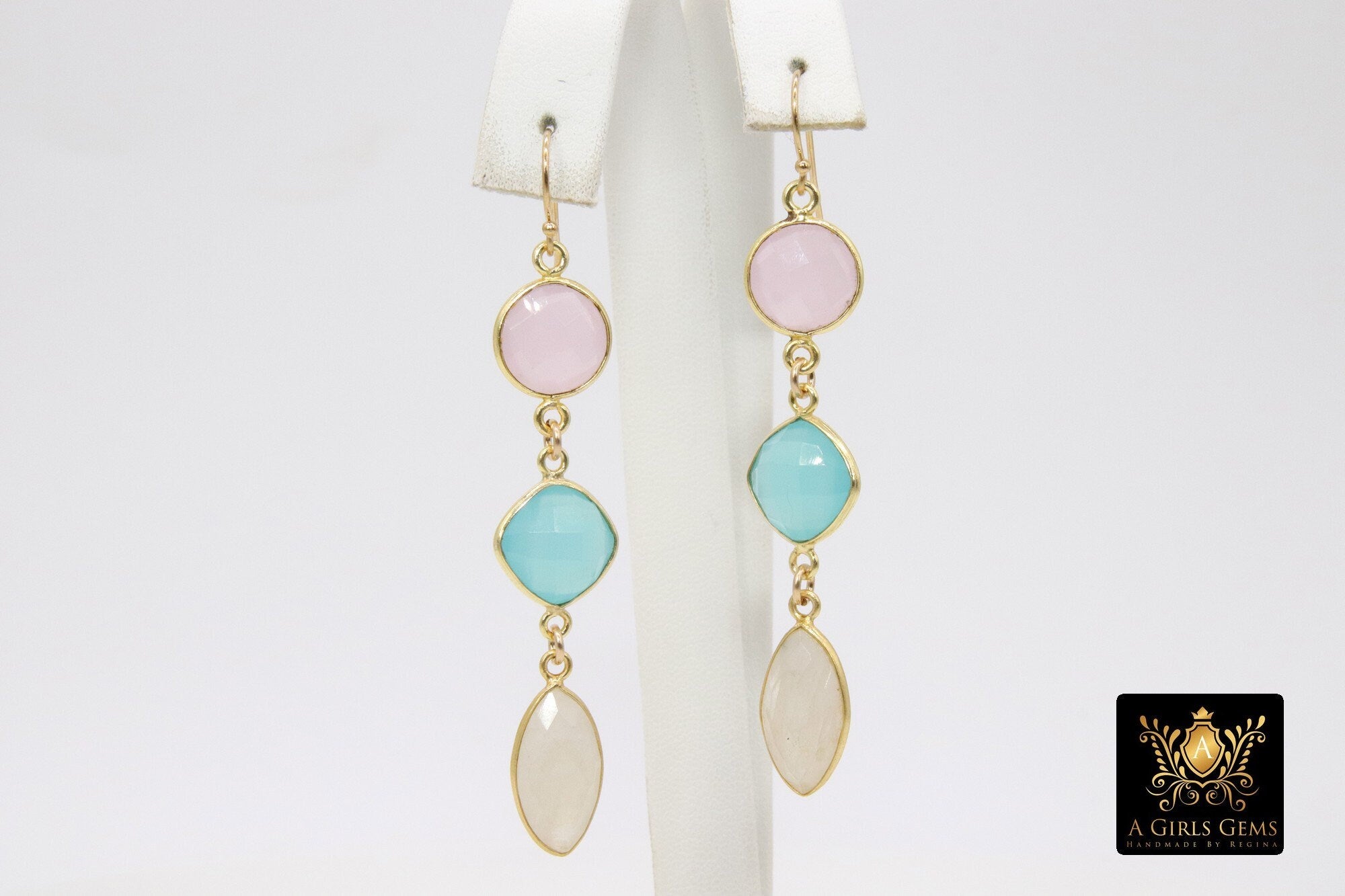 Peru Chalcedony and Rose Quartz Earrings, 14 K Gold Filled Moonstone Gemstone #692, Wedding Earrings with Ball End Ear Wire Hooks