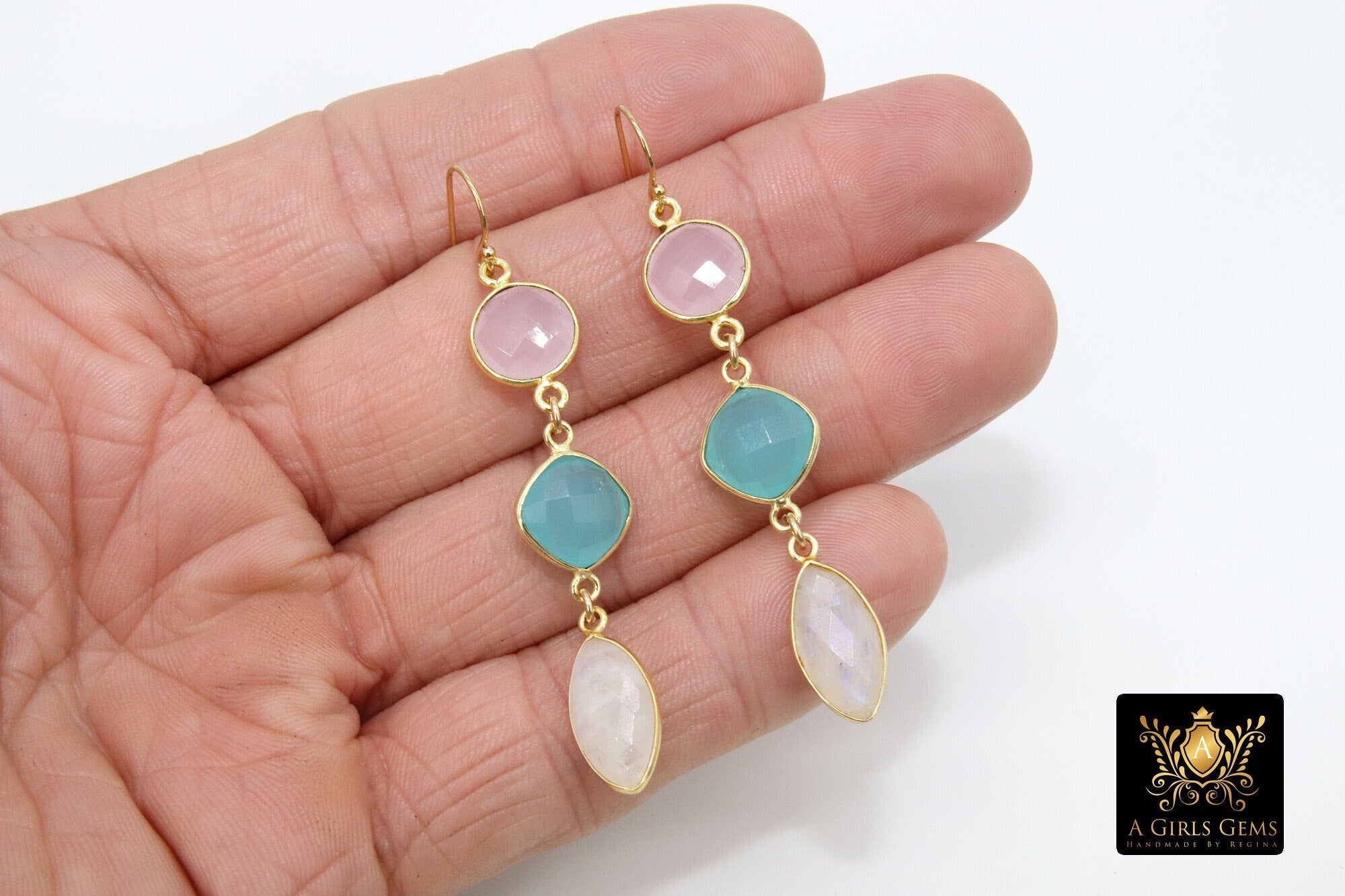 Peru Chalcedony and Rose Quartz Earrings, 14 K Gold Filled Moonstone Gemstone #692, Wedding Earrings with Ball End Ear Wire Hooks