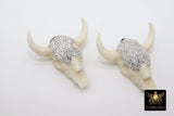 Micro Pave CZ Bone Cow Skull Pendant, Boho Cubic Zirconia Longhorn CW #24, White Ox Bone Skull