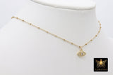 14 K Gold Filled Evil Eye Necklace, Beaded Satellite ChainChoker, Cubic Zirconia Turkish Greek Protection Jewelry