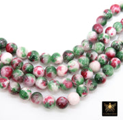 Smooth Round Pink and Green Beads, Fuchsia and White Jade Jewelry Beads, BS #103