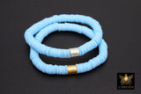 Heishi Beaded Bracelet, Baby Blue with Silver or Gold Drum Bead Stretchy Bracelet #698, Clay Beaded Bracelets