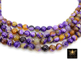 Purple and Gold Fire Agate Beads, Faceted Yellow White Pattern Beads BS# 107, sizes in 10 mm 15 inch FULL Strands