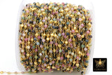 22 k Gold Natural Multi Tourmaline Chain, Unfinished 4 mm Gold Pyrite Beaded Wire Wrapped, Mixed Tourmaline Diamond Cut Gemstones