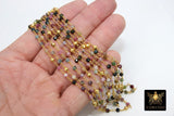 22 k Gold Natural Multi Tourmaline Chain, Unfinished 4 mm Gold Pyrite Beaded Wire Wrapped, Mixed Tourmaline Diamond Cut Gemstones