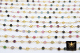 22 k Gold Natural Multi Tourmaline Rosary Chain, Unfinished 4 mm Gold Pyrite Beaded Wire Wrapped, Mixed Tourmaline Diamond Cut Gemstones