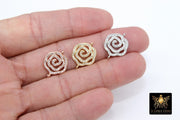 CZ Pave Camellia Connectors, Silver Flower Charms Links #85, Rose Bracelet Necklace Findings