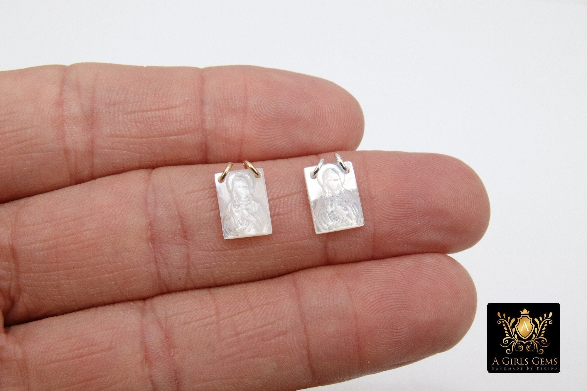 14 k Gold Filled Angel Cherub Scapular, Mother of Pearl 925 Silver Jesus # 3618, 2 Hole Charms