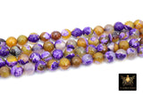 Purple and Gold Fire Agate Beads, Faceted Yellow White Pattern Beads BS# 107, sizes in 10 mm 15 inch FULL Strands