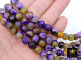 Purple and Gold Fire Agate Beads, Faceted Yellow White Pattern Beads BS# 107, sizes in 10 mm 15 inch FULL Strands
