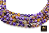 Purple and Gold Fire Agate Beads, Faceted Yellow White Pattern Beads BS #107, sizes in 10 mm 15 inch FULL Strands