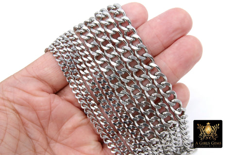 Silver Cuban Curb Chain, Stainless Steel Heavy Flat Miami Chain CH# 242, Diamond Cut Chains