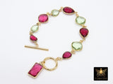Pink Tourmaline Bracelet, Gold Filled Green Amethyst Gemstone Toggle Bar Bracelet, Boho Stacking Bracelet with Charm by Regina Harp Designs