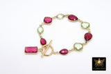 Pink Tourmaline Bracelet, Gold Filled Green Amethyst Gemstone Toggle Bar Bracelet, Boho Stacking Bracelet with Charm by Regina Harp Designs